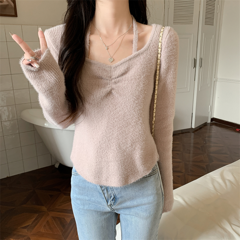 Autumn and winter knitted sweater irregular plush bottoming shirt