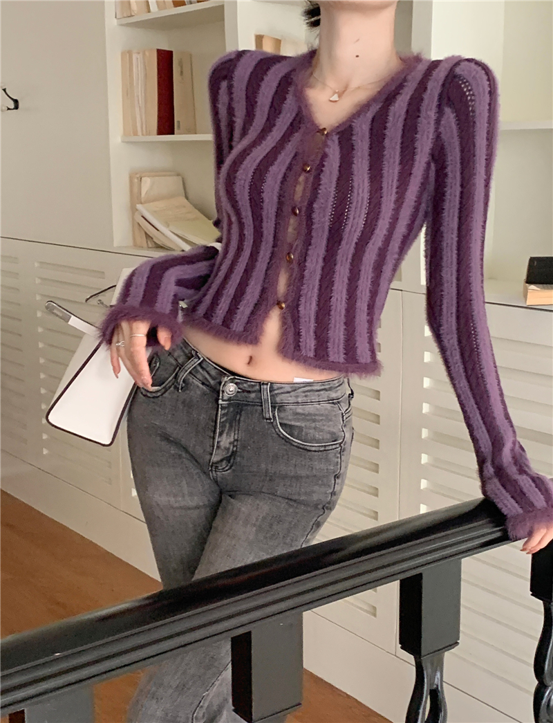 V-neck short retro sweater mink hair knitted slim tops