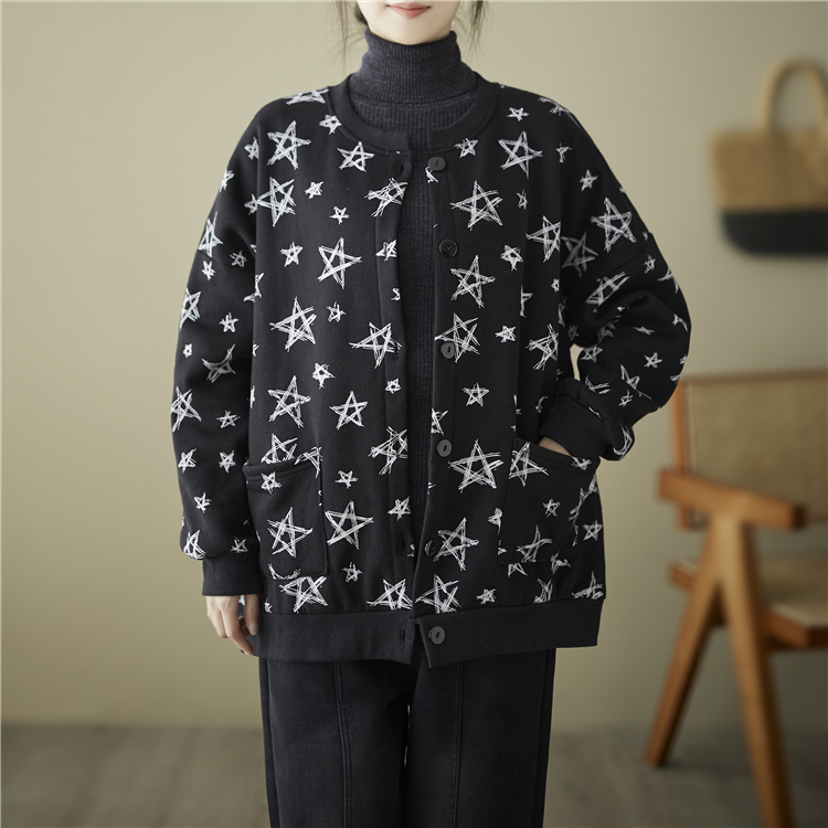 Plus velvet stars cardigan printing hoodie for women