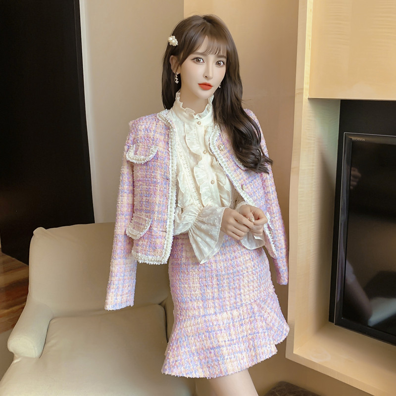 Short pink coat package hip autumn skirt 2pcs set