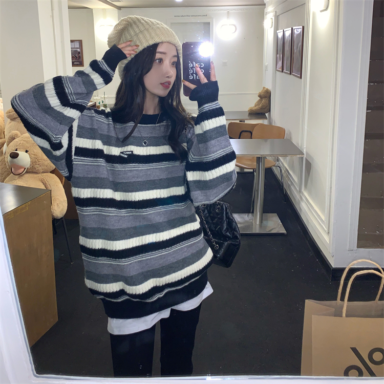 Stripe thick loose sweater pullover cashmere tops for women