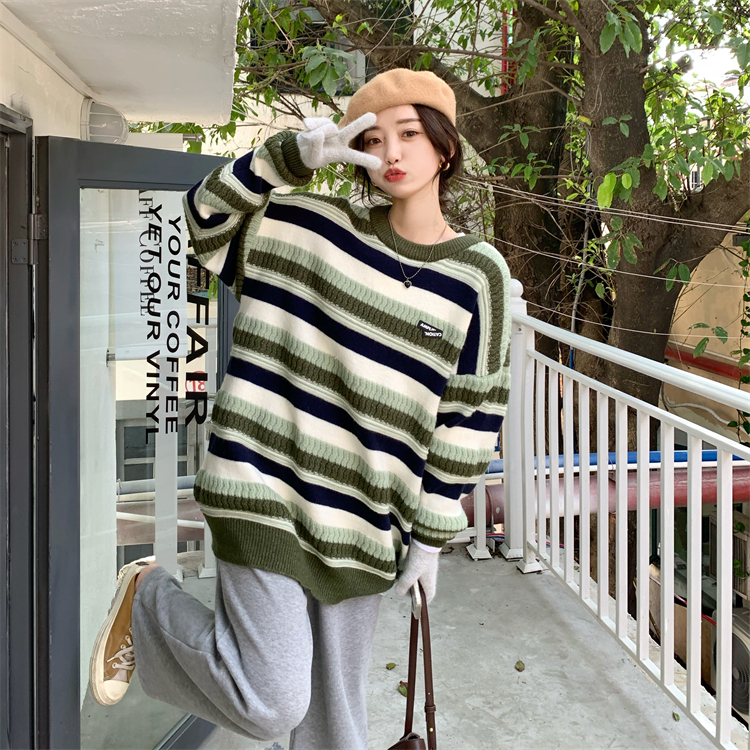 Stripe thick loose sweater pullover cashmere tops for women