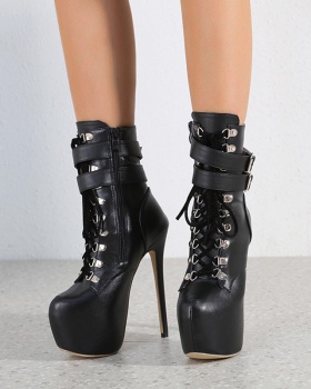 High-heeled frenum short boots round fine-root ankle boots