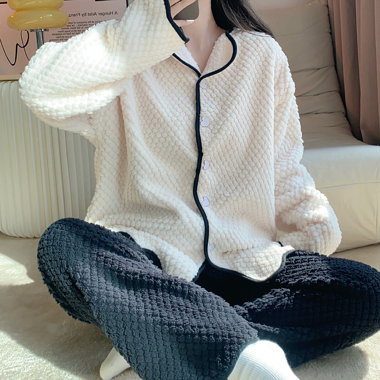 Coral velvet cardigan Casual pajamas 2pcs set for women