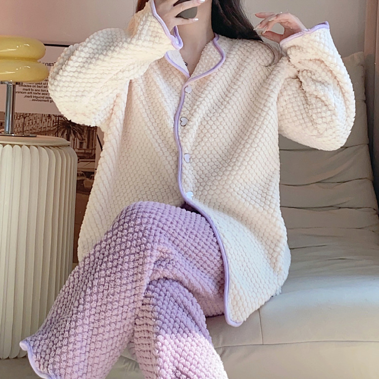 Coral velvet cardigan Casual pajamas 2pcs set for women