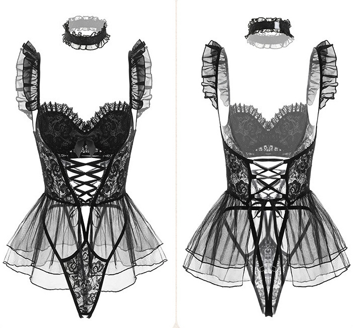 Lace sexy uniform open crotch court style corset