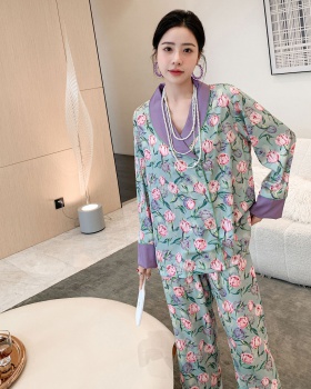 Printing long sleeve silk homewear pajamas a set for women
