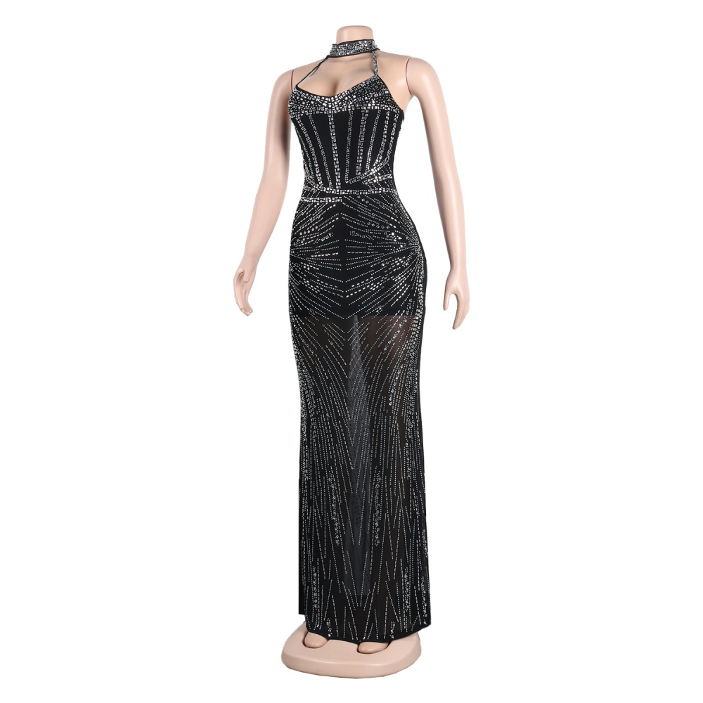 Halter slim perspective rhinestone dress for women