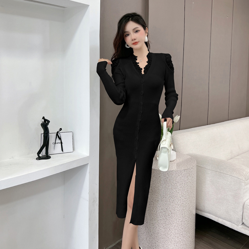 Knitted slim package hip sweater lace V-neck long dress