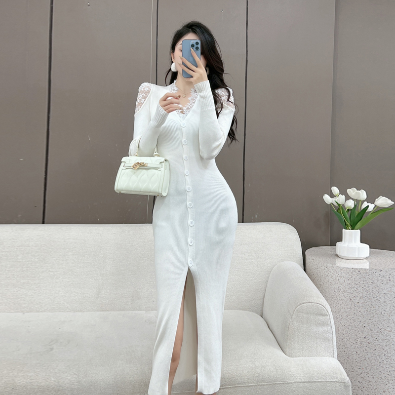 Knitted slim package hip sweater lace V-neck long dress