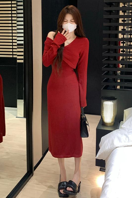 Knitted pure lazy package hip bottoming dress