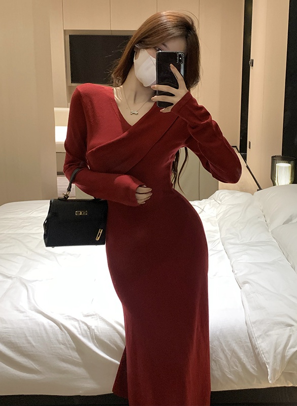 Knitted pure lazy package hip bottoming dress