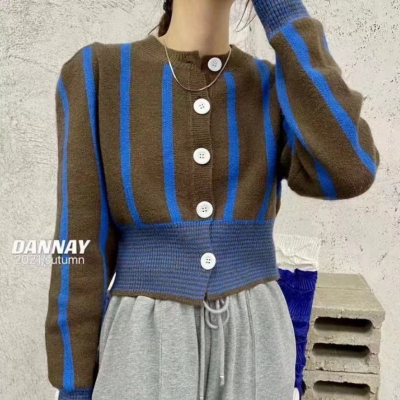 Knitted long sleeve coat stripe short tops for women