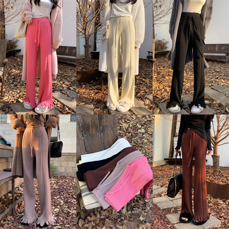 High waist knitted long pants tassels mopping pants