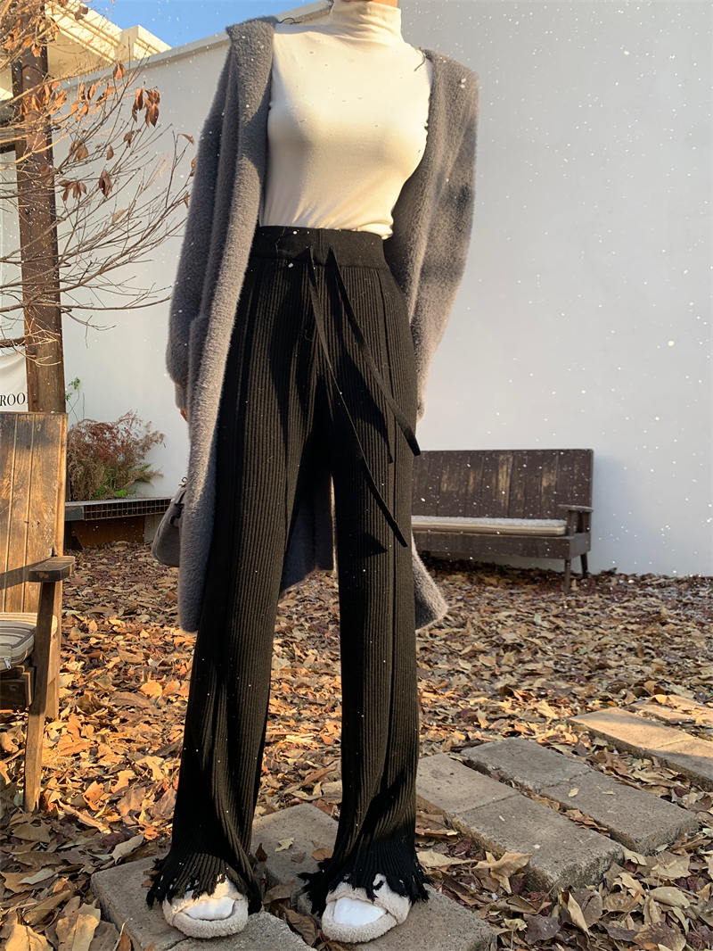 High waist knitted long pants tassels mopping pants