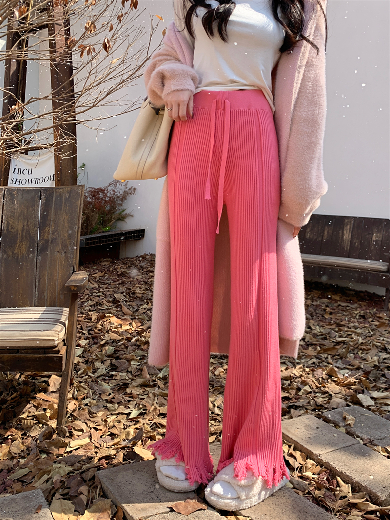 High waist knitted long pants tassels mopping pants