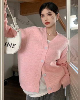 Mixed color V-neck sweater knitted coat for women