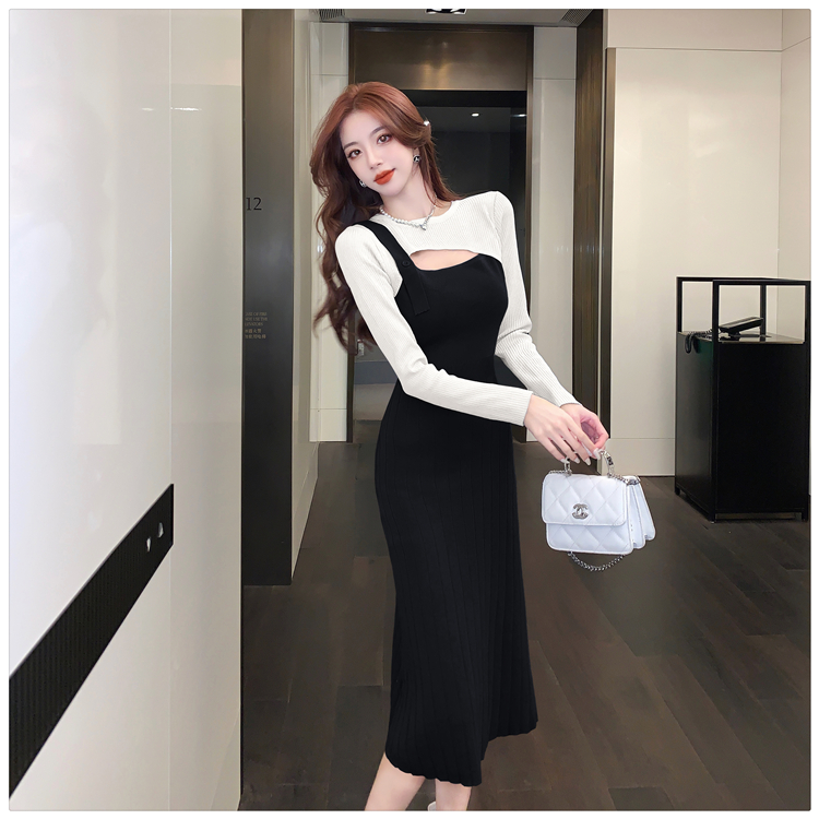 Splice Pseudo-two dress France style knitted sweater dress