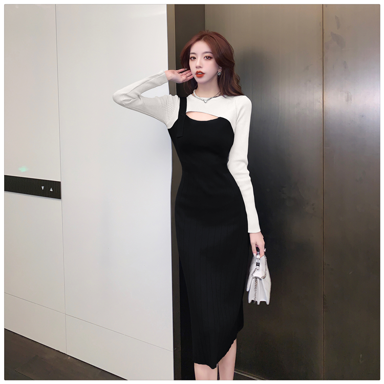 Splice Pseudo-two dress France style knitted sweater dress