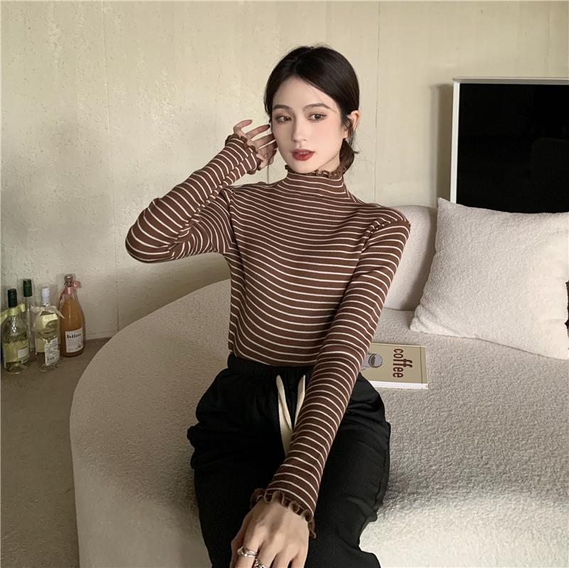 Wood ear knitted bottoming shirt stripe tops for women