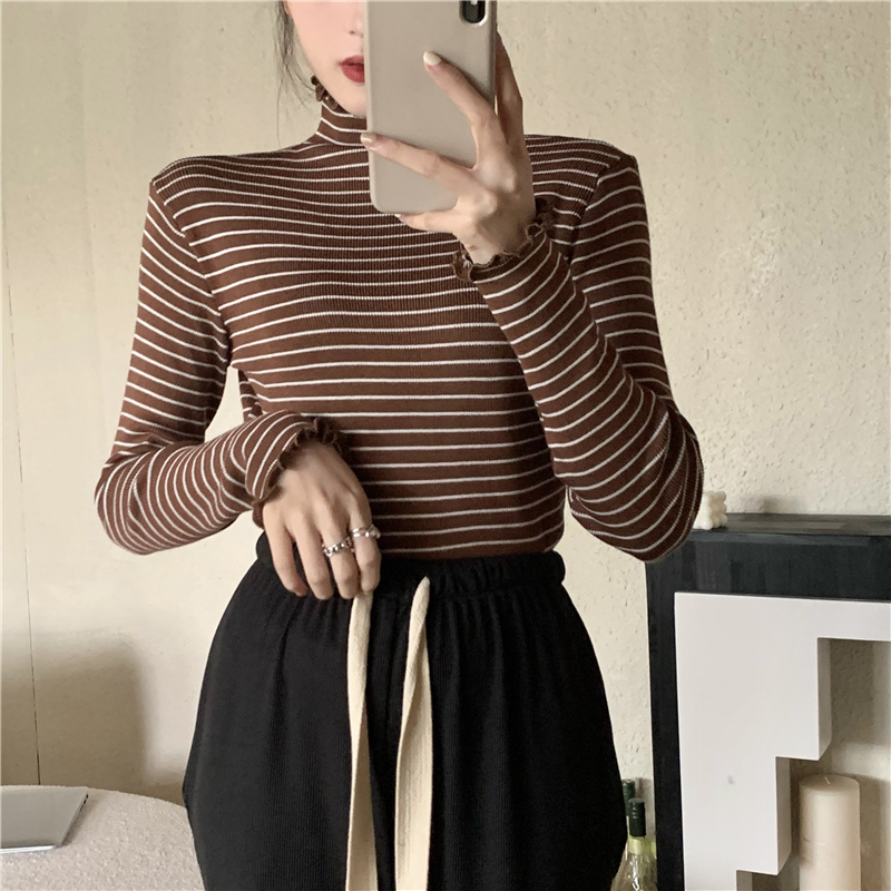 Wood ear knitted bottoming shirt stripe tops for women