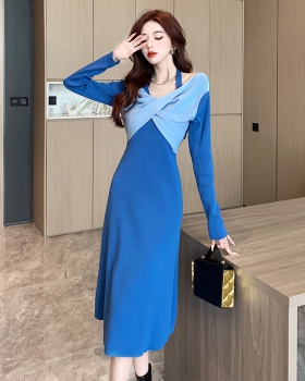 Winter mixed colors halter knitted dress for women