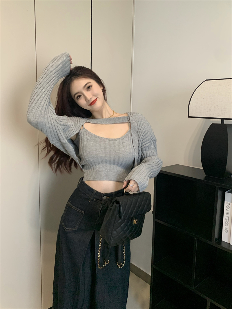 Fashion temperament smock sling knitted sweater a set