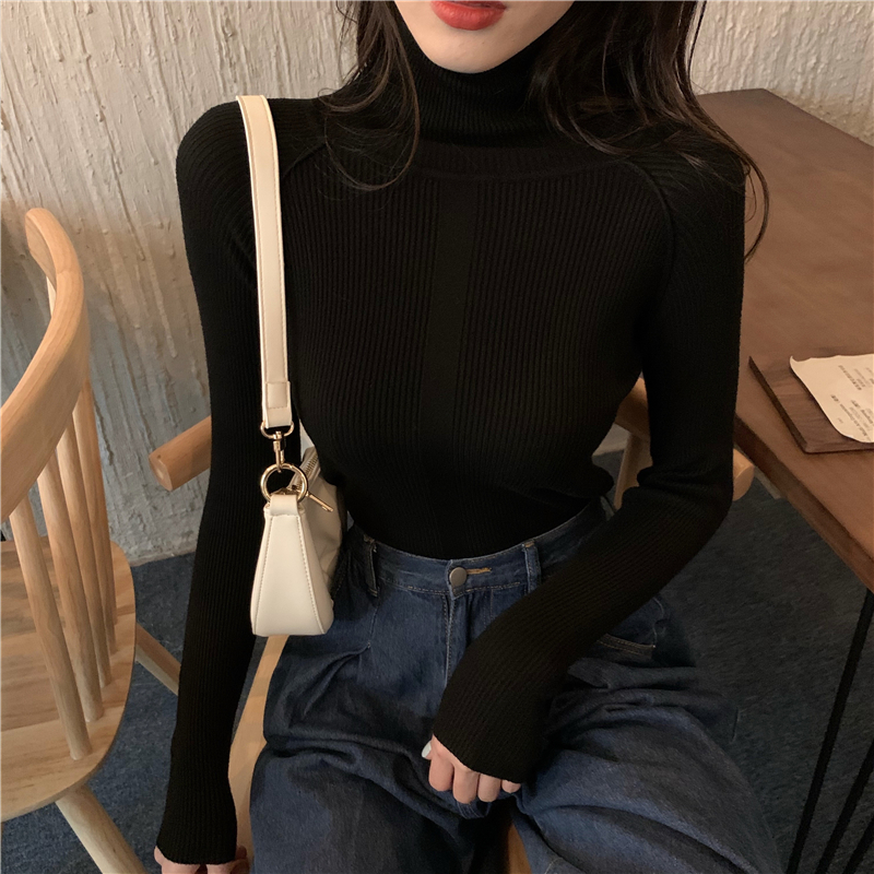 Retro high collar tops bottoming slim sweater for women