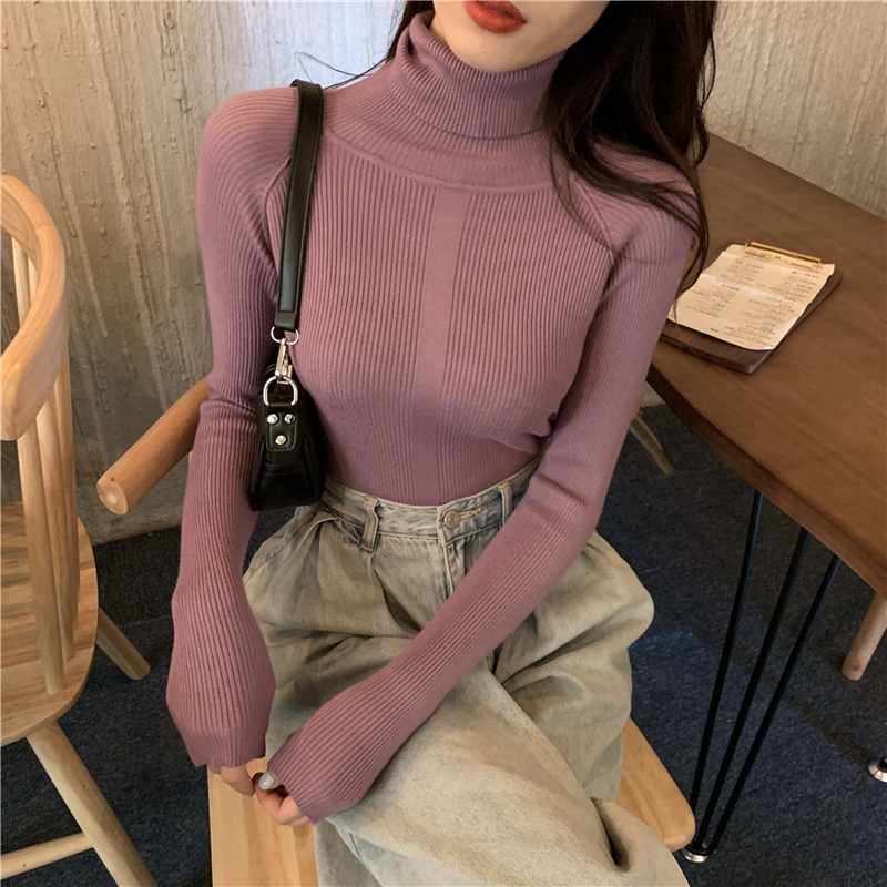 Retro high collar tops bottoming slim sweater for women