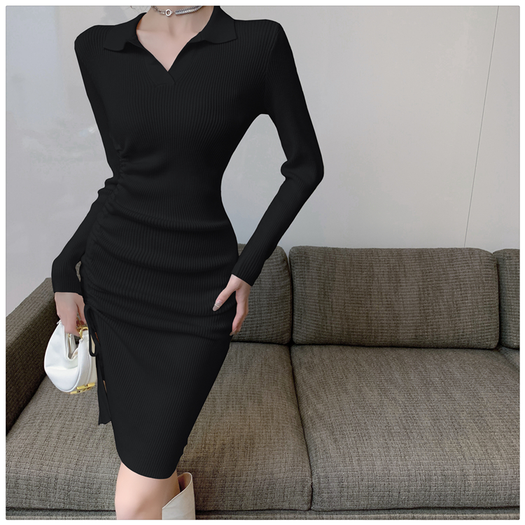 Autumn and winter lapel T-back knitted dress