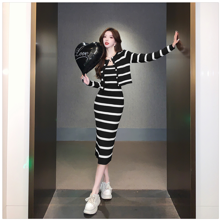 France style slim knitted package hip dress 2pcs set