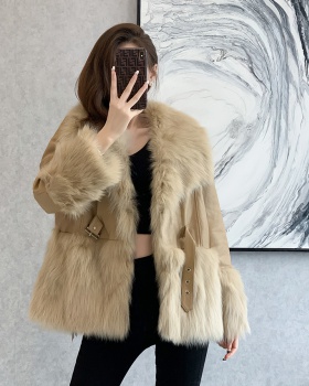 Large fur collar winter leather coat splice coat