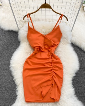 Low-cut fashion dress fold slim strap dress for women