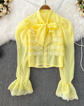 Spring and autumn retro tops bow short shirt for women