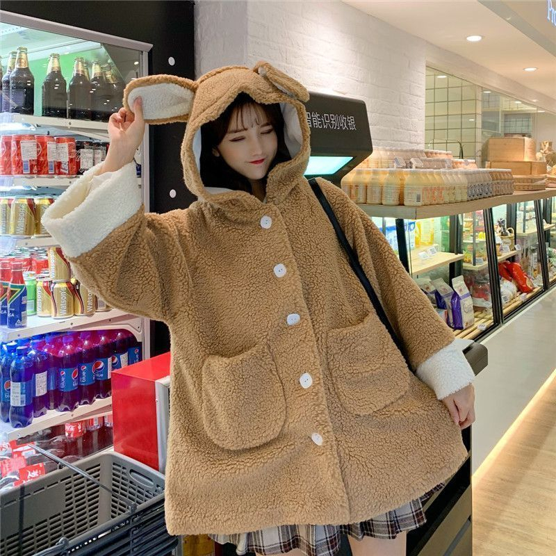 Loose thick hoodie autumn and winter rabbit ears coat for women