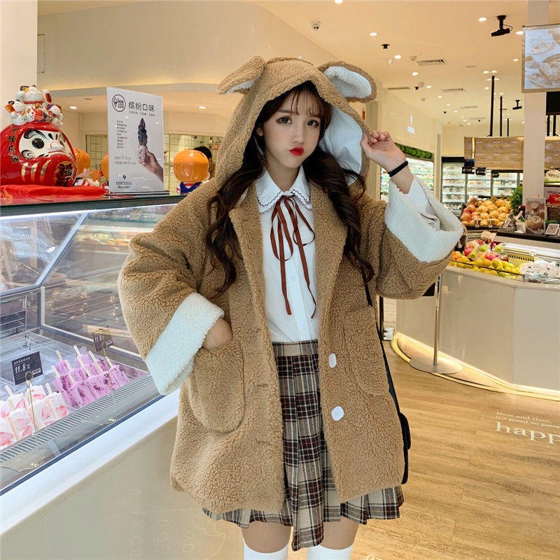 Loose thick hoodie autumn and winter rabbit ears coat for women