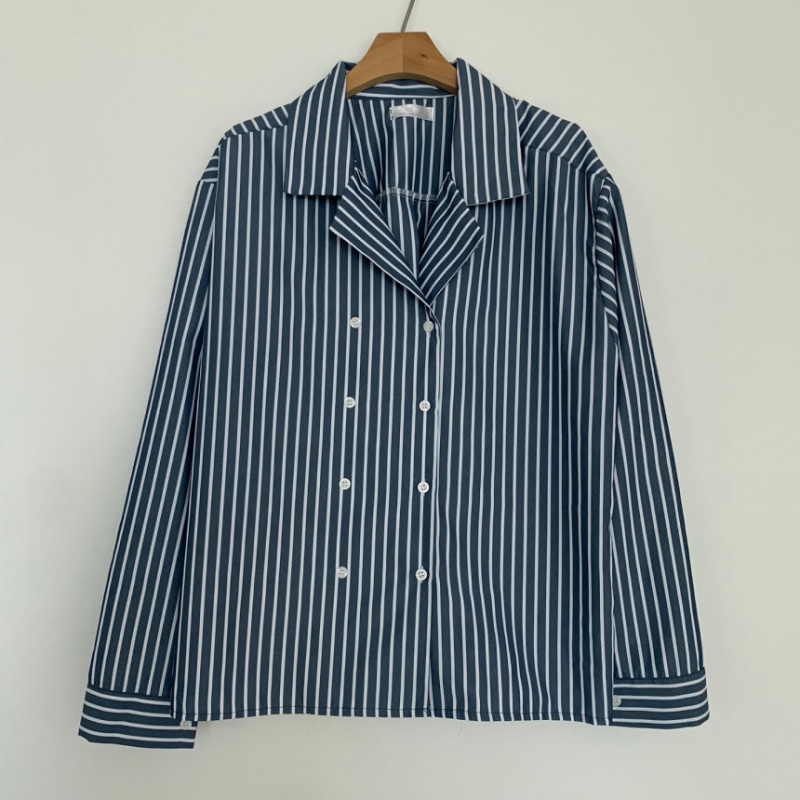 Autumn stripe shirt double-breasted temperament tops