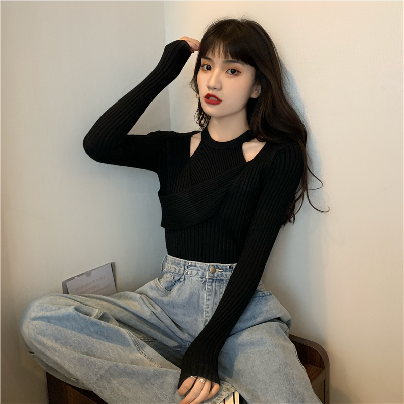 Thermal knitted tops cross halter sweater 2pcs set