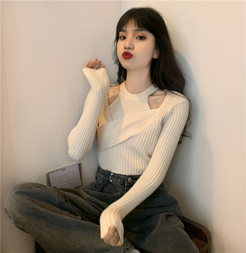 Thermal knitted tops cross halter sweater 2pcs set