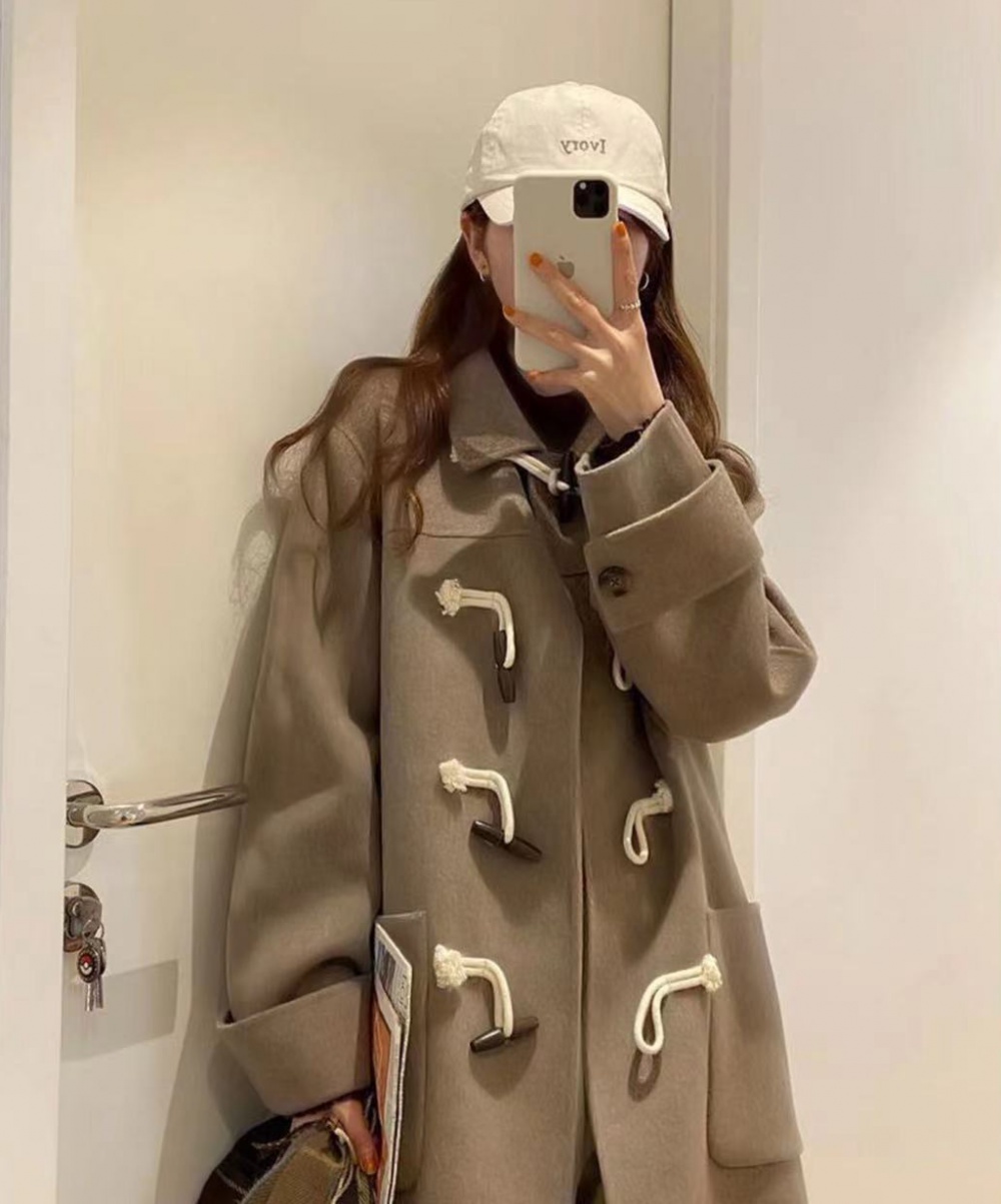 Horn buckle long overcoat woolen woolen coat for women