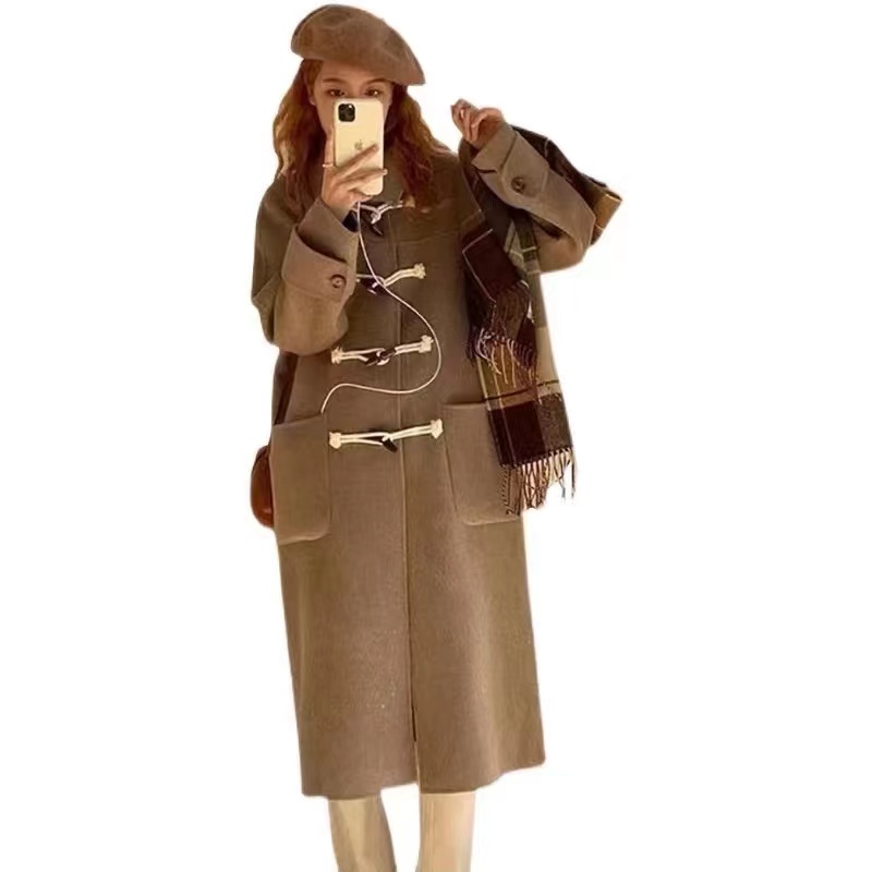 Horn buckle long overcoat woolen woolen coat for women