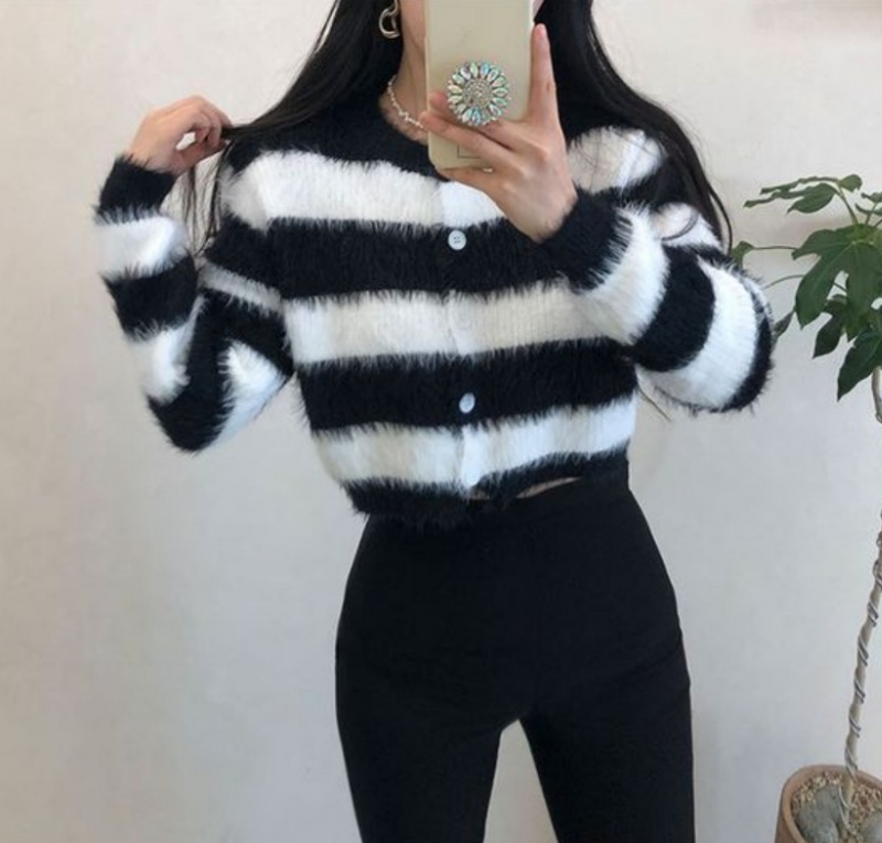 Stripe retro short cardigan mink hair knitted sweater
