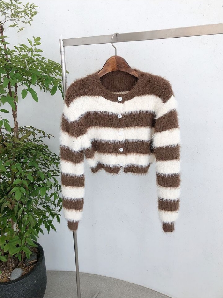 Stripe retro short cardigan mink hair knitted sweater
