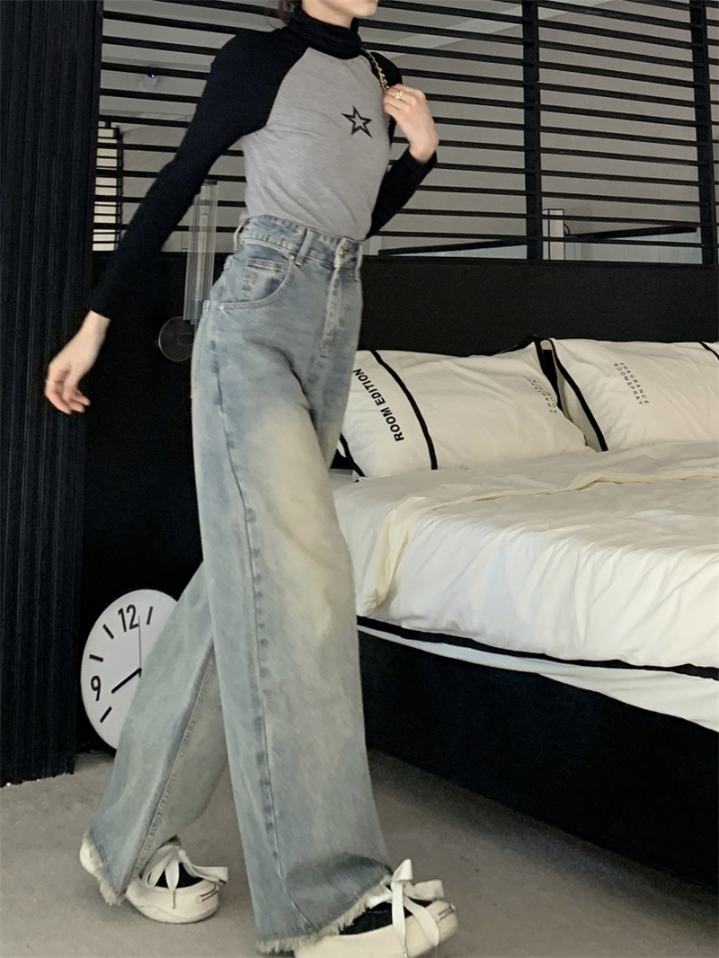 Straight burr jeans high waist loose wide leg pants