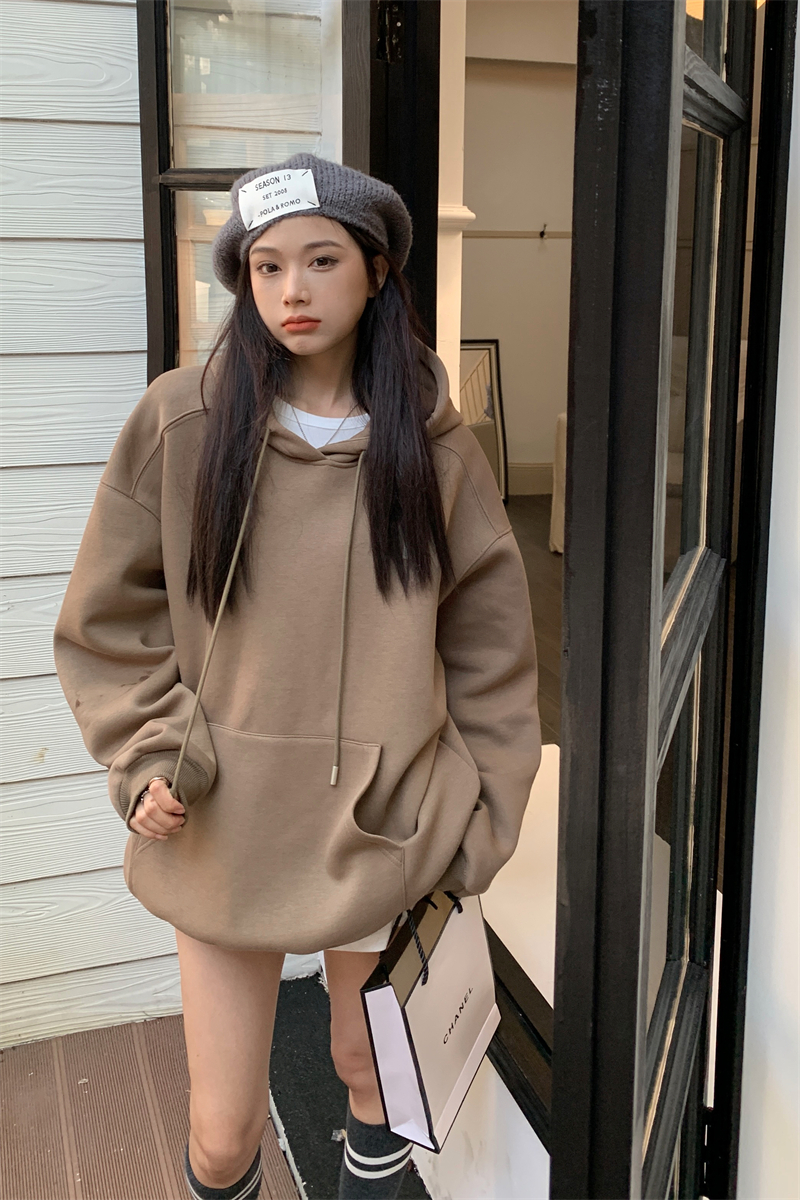 Pure all-match hooded pullover plus velvet loose hoodie