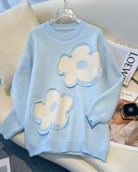 Thick round neck lazy flowers loose sweater for women