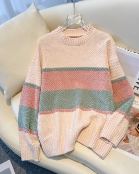 Stripe mixed colors tops pullover loose sweater for women