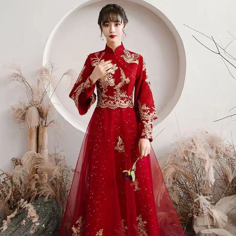 Bride wedding evening dress long sleeve Chinese full dress