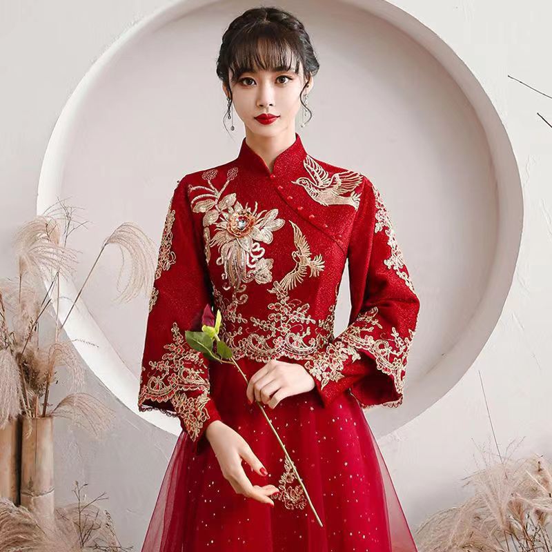 Bride wedding evening dress long sleeve Chinese full dress