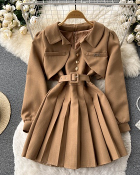 Pleated retro coat short strap dress 2pcs set for women